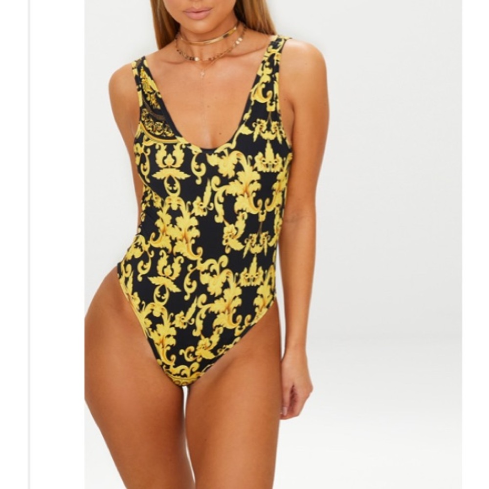 Black Chain Print Low Back Swimsuit